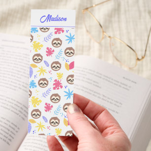 Personalized Cute Sloth and Colorful Leaves Bookmarks