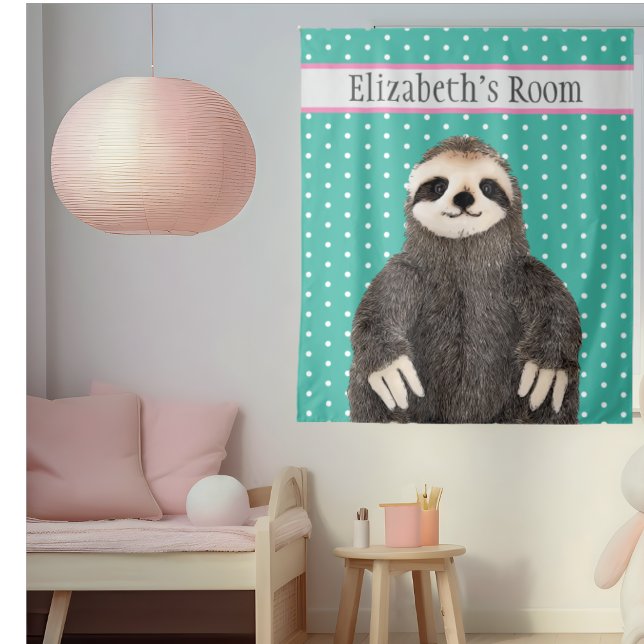 Personalized Cute Sloth Animal Name Kid's Room Tapestry (Sweet sloth wall art for your child's bedroom.)