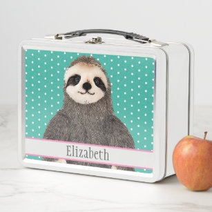 Personalized Cute Sloth Animal Name Metal Lunch Box