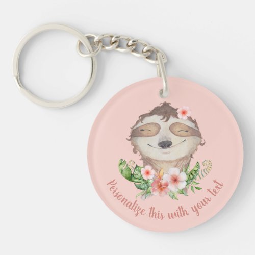 Personalized cute sloth blush pink flower keychain