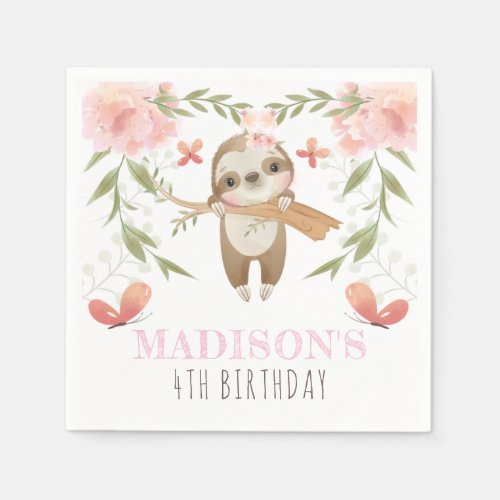 Personalized Cute Sloth Girl Birthday Napkins