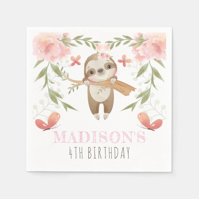Personalized Cute Sloth Girl Birthday Napkins (Front)