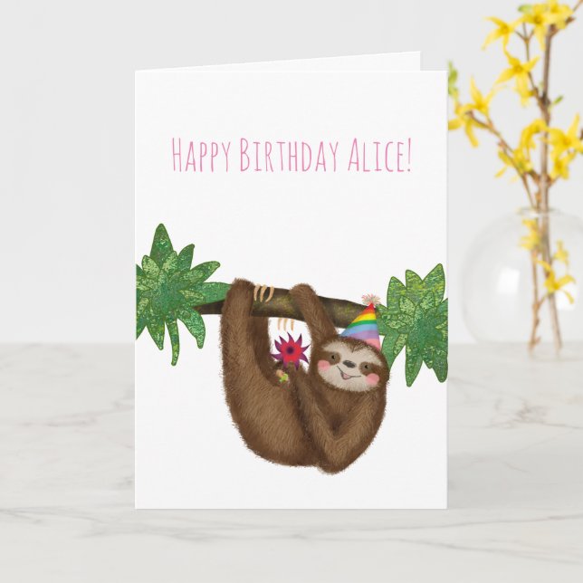 Personalized cute sloth on a branch birthday card (Yellow Flower)