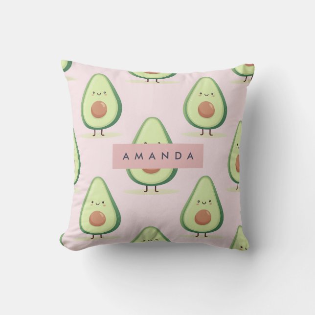 Personalized Cute Smiling Avocado Pattern Throw Pillow (Front)