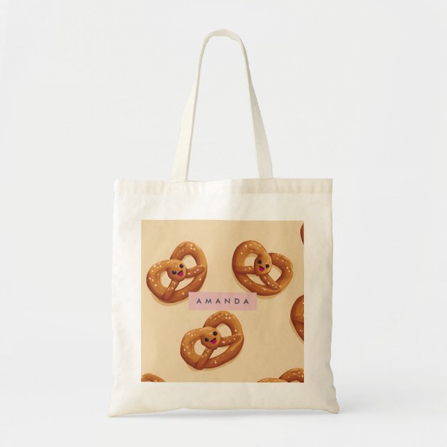 Personalized Cute Smiling Pretzel Pattern Tote Bag (Front)