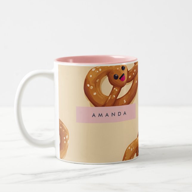 Personalized Cute Smiling Pretzel Pattern Two-Tone Coffee Mug (Left)