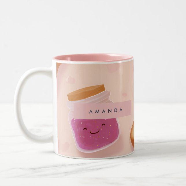 Personalized Cute Smiling Toast and Jam Pattern Two-Tone Coffee Mug (Left)