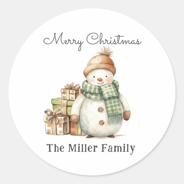 Personalized Cute Snowman & Christmas Presents  Classic Round Sticker (Front)