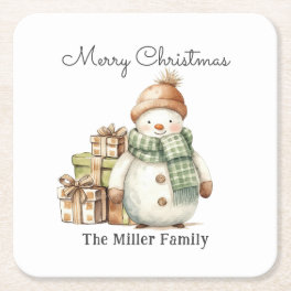Personalized Cute Snowman & Christmas Presents Square Paper Coaster