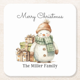 Personalized Cute Snowman & Christmas Presents Square Paper Coaster