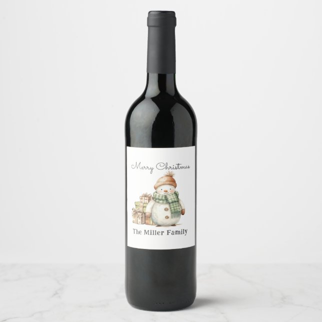 Personalized Cute Snowman & Christmas Presents  Wine Label (Front)