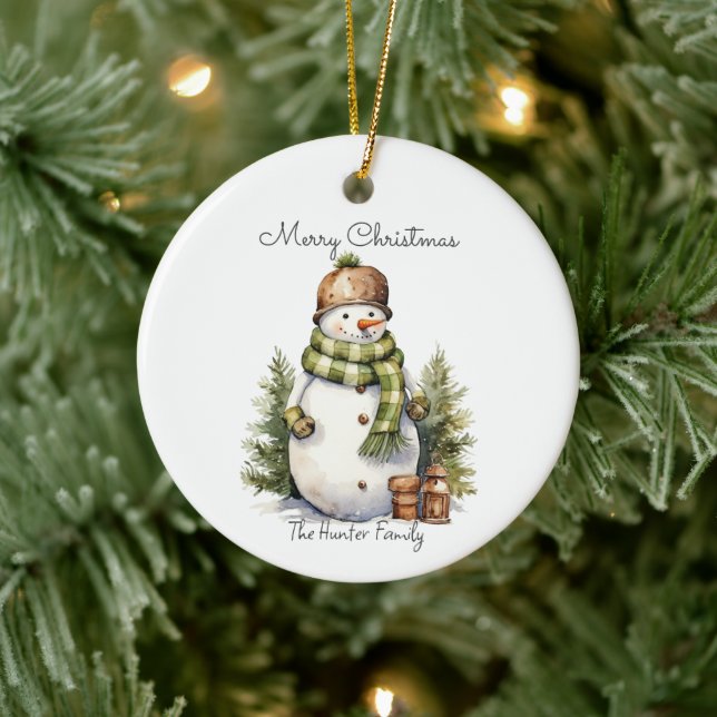 Personalized Cute Snowman Watercolor Christmas  Ceramic Ornament (Tree)