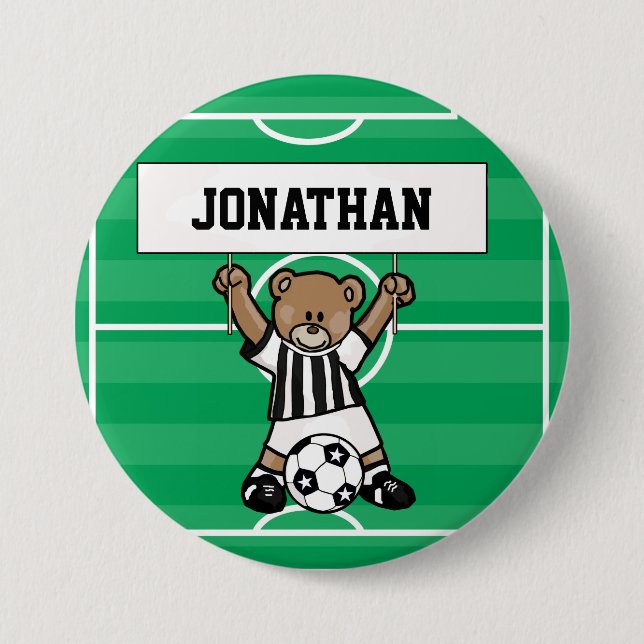 Personalized Cute Soccer  Bear Party name buttons (Front)