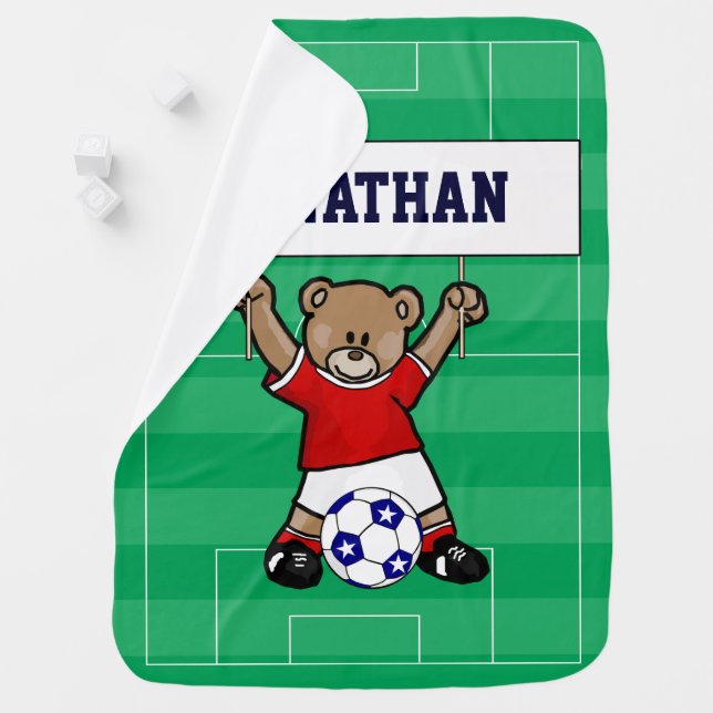 Personalized Cute Soccer Teddy Bear (red) Baby Blanket (In Situ)