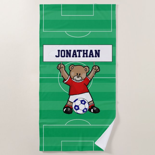 Personalized Cute Soccer Teddy Bear (red) Beach Towel (Front)