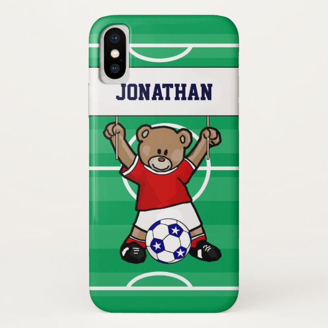 Personalized Cute Soccer Teddy Bear (red) Case-Mate iPhone Case (Back)