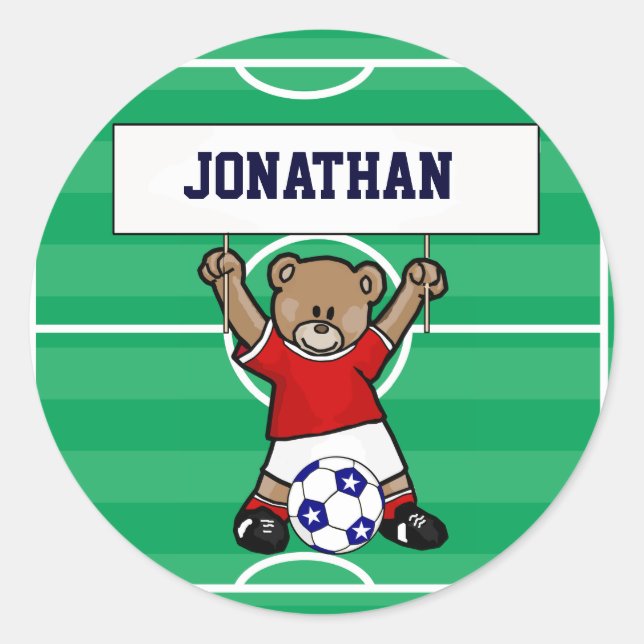 Personalized Cute Soccer Teddy Bear (red) Classic Round Sticker (Front)