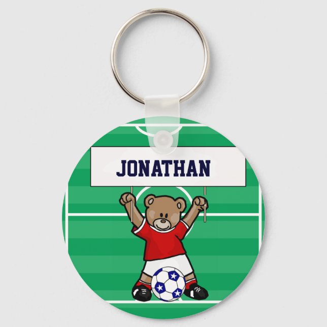 Personalized Cute Soccer Teddy Bear (red) Keychain (Front)