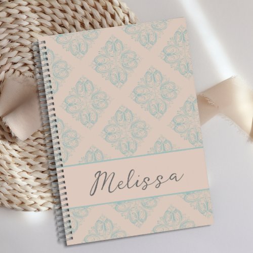 Personalized Cute Soft Blue Cream Damask Journal 