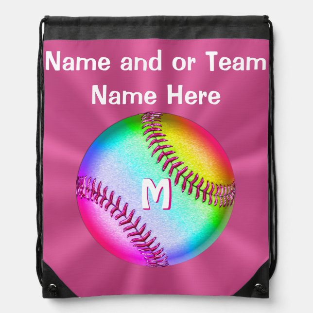 Personalized Cute Softball Drawstring Backpack (Front)