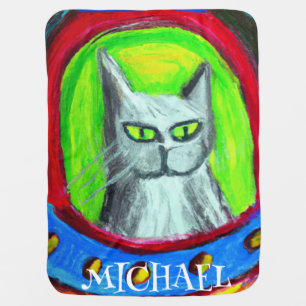 PERSONALIZED CUTE SPACE CAT IN UFO CARTOON BABY BLANKET