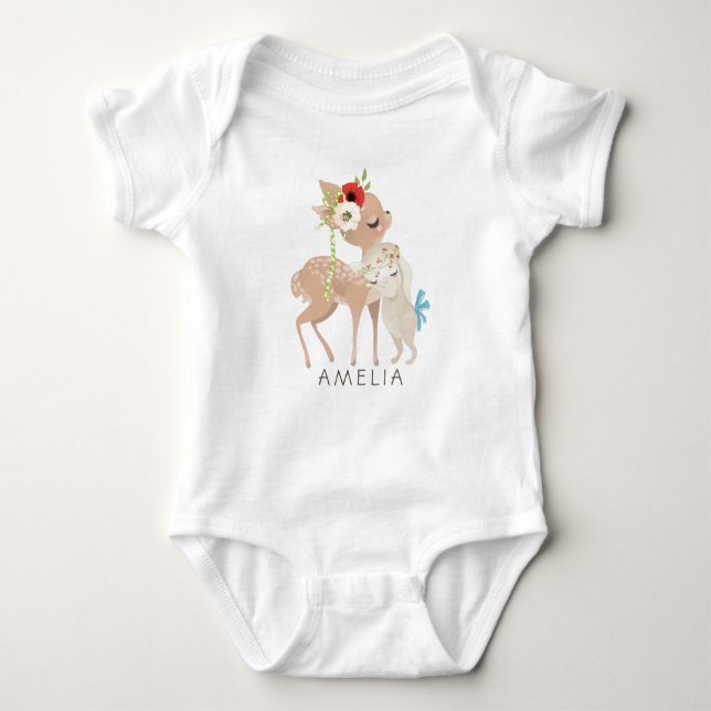 Personalized Cute Spring Bunny Deer Easter Baby Bodysuit (Front)