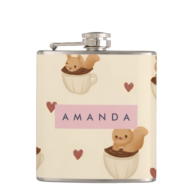 Personalized Cute Squirrel in Coffee Cup Pattern Flask (Front)