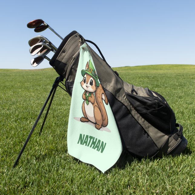 Personalized Cute St. Patrick's Day Squirrel Golf Towel (Green)