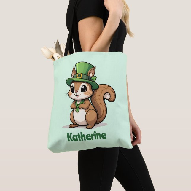 Personalized Cute St. Patrick's Day Squirrel Tote Bag (Close Up)