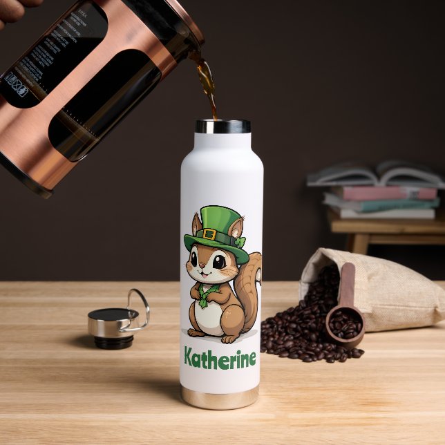 Personalized Cute St. Patrick's Day Squirrel Water Bottle (Coffee)