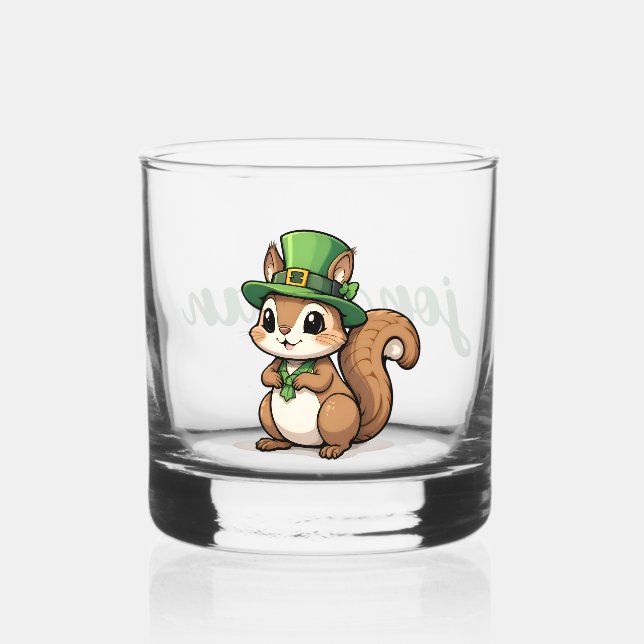 Personalized Cute St. Patrick's Day Squirrel Whiskey Glass (Front)