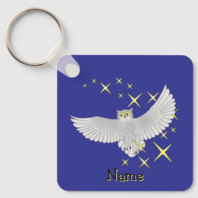 Personalized Cute Star Owl Blue Background Keychain (Front)