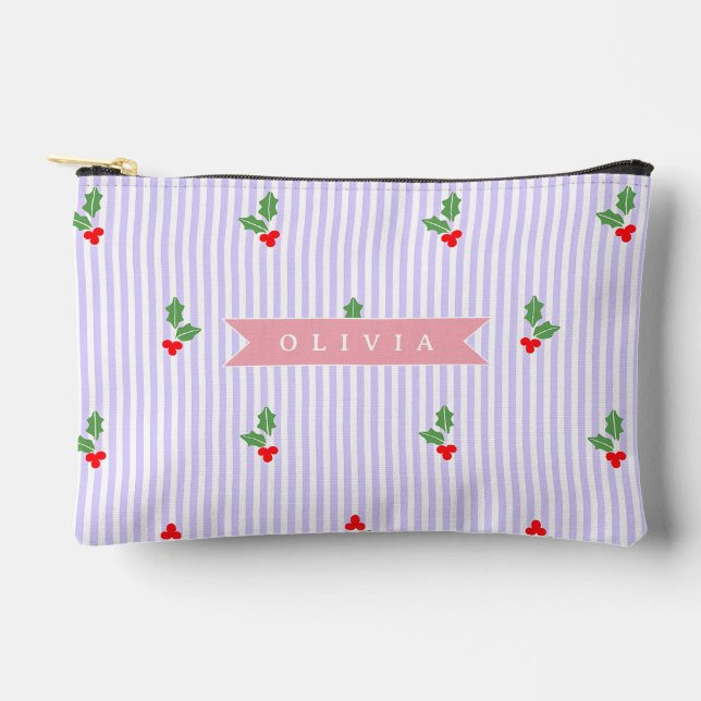 Personalized Cute Striped Holiday Christmas Holly  Accessory Pouch (Front)