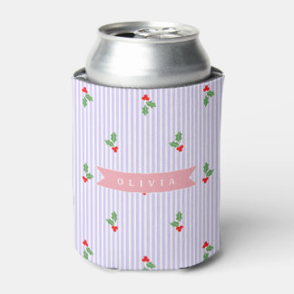 Personalized Cute Striped Holiday Christmas Holly  Can Cooler