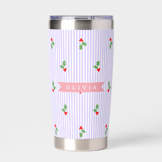 Personalized Cute Striped Holiday Christmas Holly  Insulated Tumbler