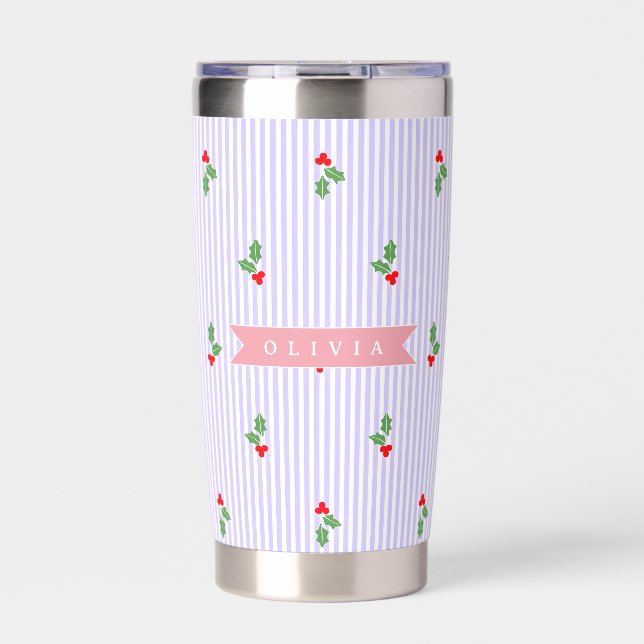 Personalized Cute Striped Holiday Christmas Holly  Insulated Tumbler (Front)