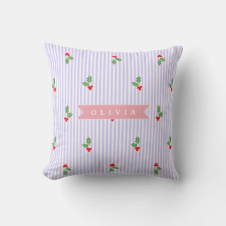 Personalized Cute Striped Holiday Christmas Holly  Throw Pillow