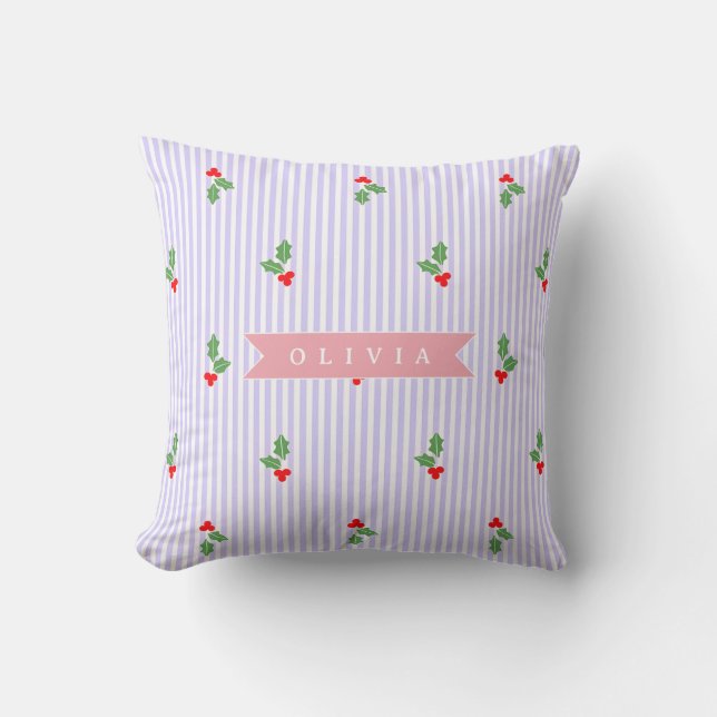 Personalized Cute Striped Holiday Christmas Holly  Throw Pillow (Front)