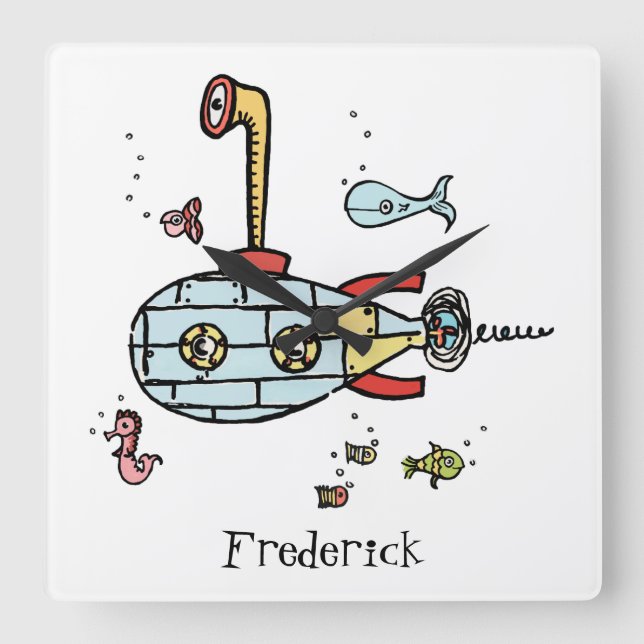Personalized Cute Submarine Nautical Under Water Square Wall Clock (Front)
