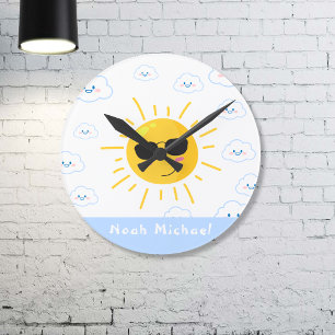 Personalized Cute Sun and Cloud Round Clock