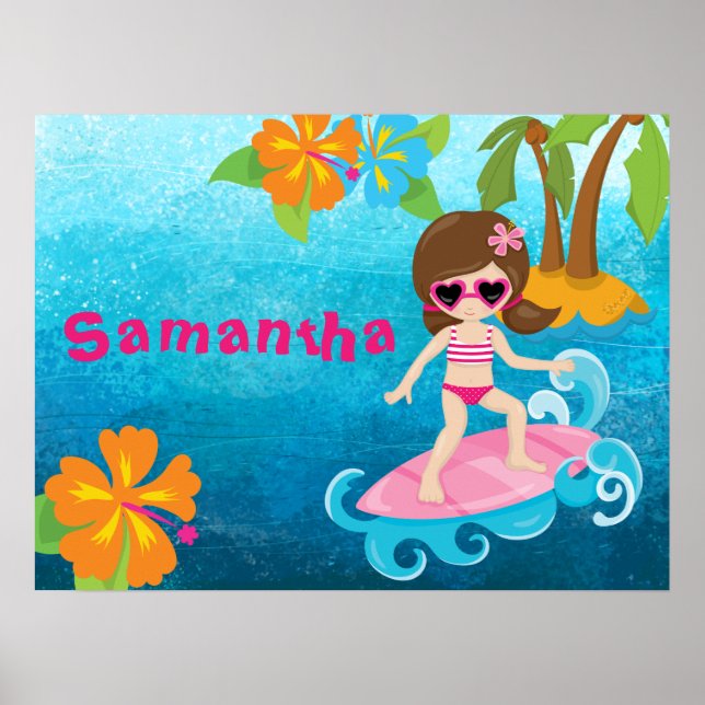 Personalized Cute Surfer Girl Hibiscus and Palms Poster (Front)