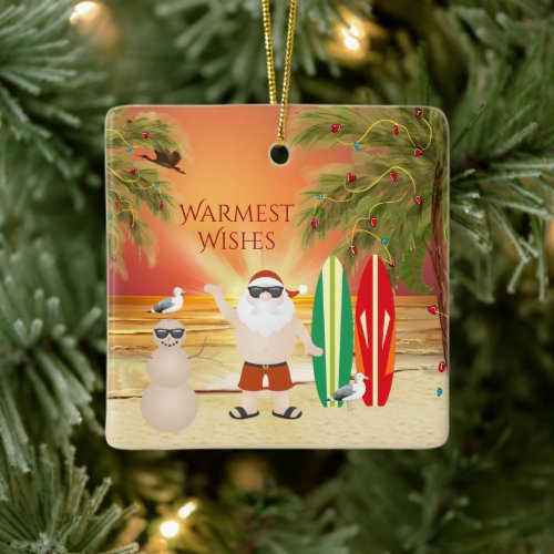 Personalized Cute Surfing Santa Beach Christmas Ceramic Ornament