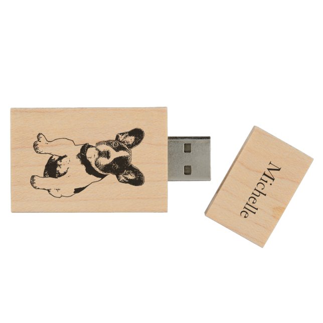 Personalized Cute Sweet French Bulldog Puppy Wood USB Flash Drive (Opened)
