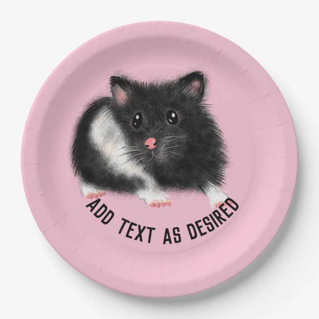Personalized Cute SYRIAN HAMSTER Black White PINK Paper Plates (Front)