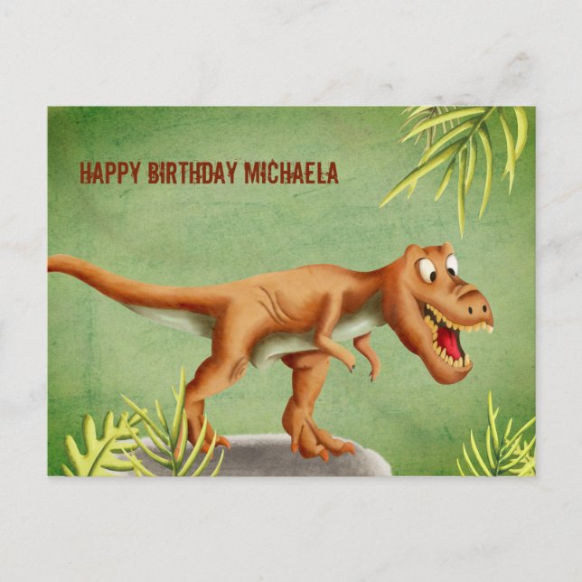 Personalized Cute T-Rex Dinosaur Happy Birthday Postcard (Front)
