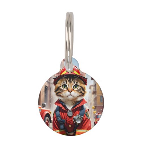Personalized Cute Tabby Cat in Firefighter Uniform Pet ID Tag