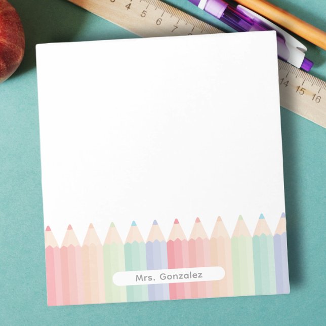 Personalized Cute Teacher Rainbow Notepad (Teacher notepad personalized with name, with pastel color pencils, useful and thoughtful gift.)