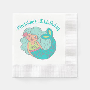 Personalized Cute Teal Mermaid 1st Birthday Party Napkins