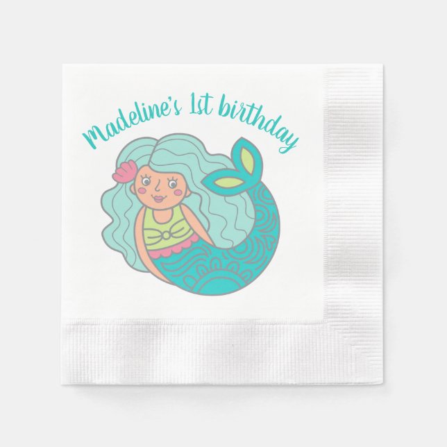 Personalized Cute Teal Mermaid 1st Birthday Party Napkins (Front)