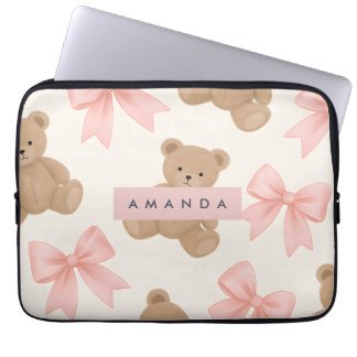 Personalized Cute Teddy Bear and Pink Bow Pattern Laptop Sleeve
